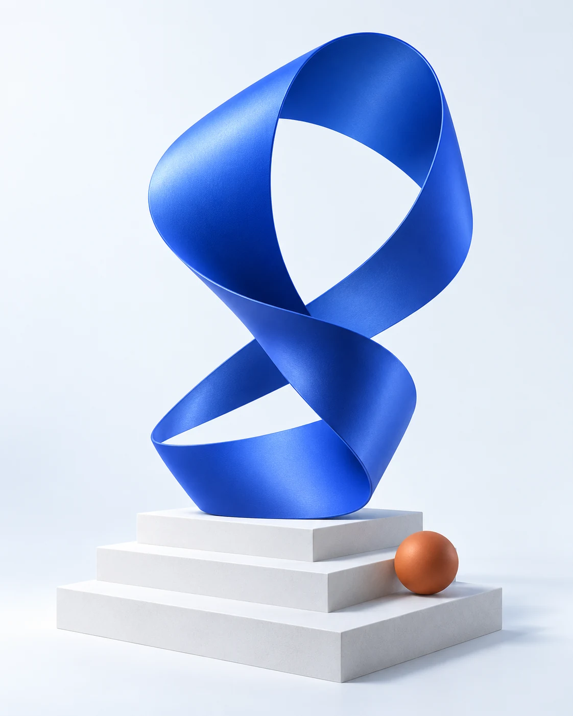 A sculptural cobalt ribbon rising above white steps with a small clay-orange sphere.